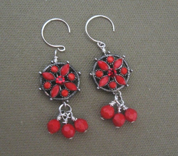 Red Glass Crystal Flower Dangle Earrings