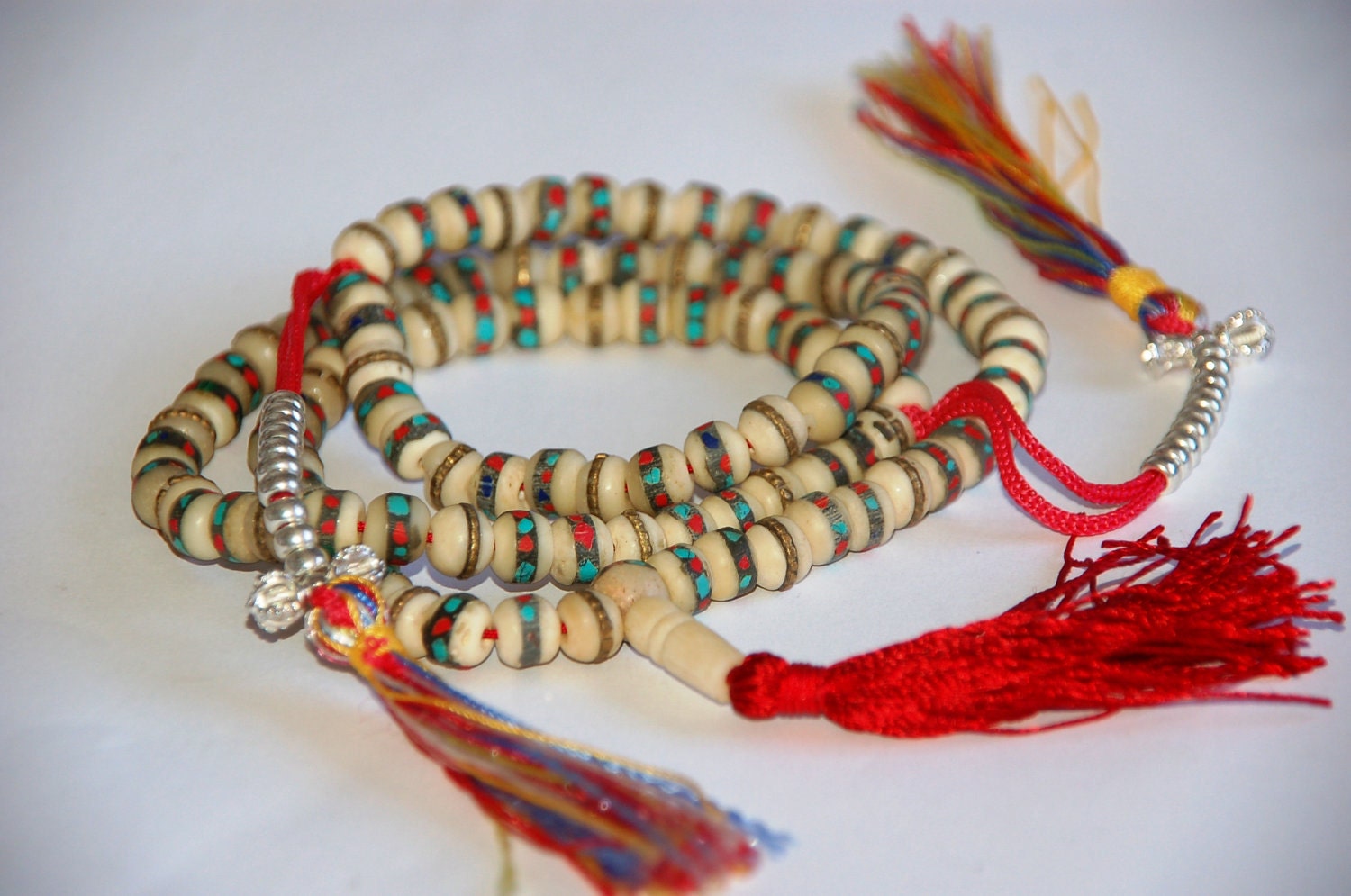 Embedded Yak bone mala 108 beads with Tibetan Traditional Tassels with Multi color counters