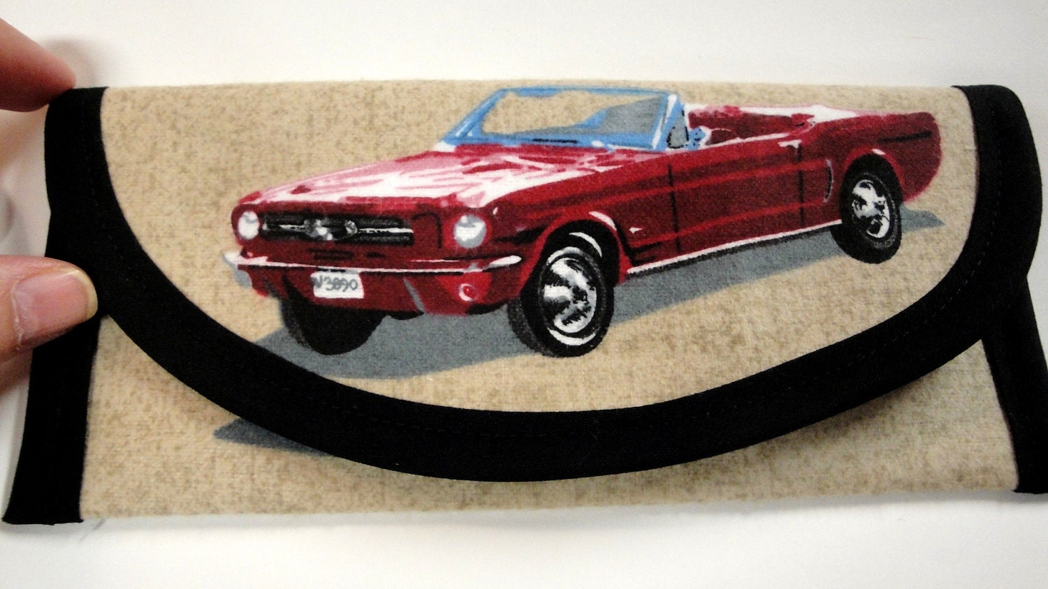 Reduced Price 1965 Ford Mustang Convertible Cotton Flannel Fabric, Wallet ,Clutch, Envelope bags and purses 7 x 3 gift of money