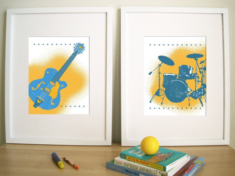 Art Prints for Playroom, Art for Nursery, Kids rooms, GUITAR and DRUMS - Set of 2 - 11X14 Inches, other sizes