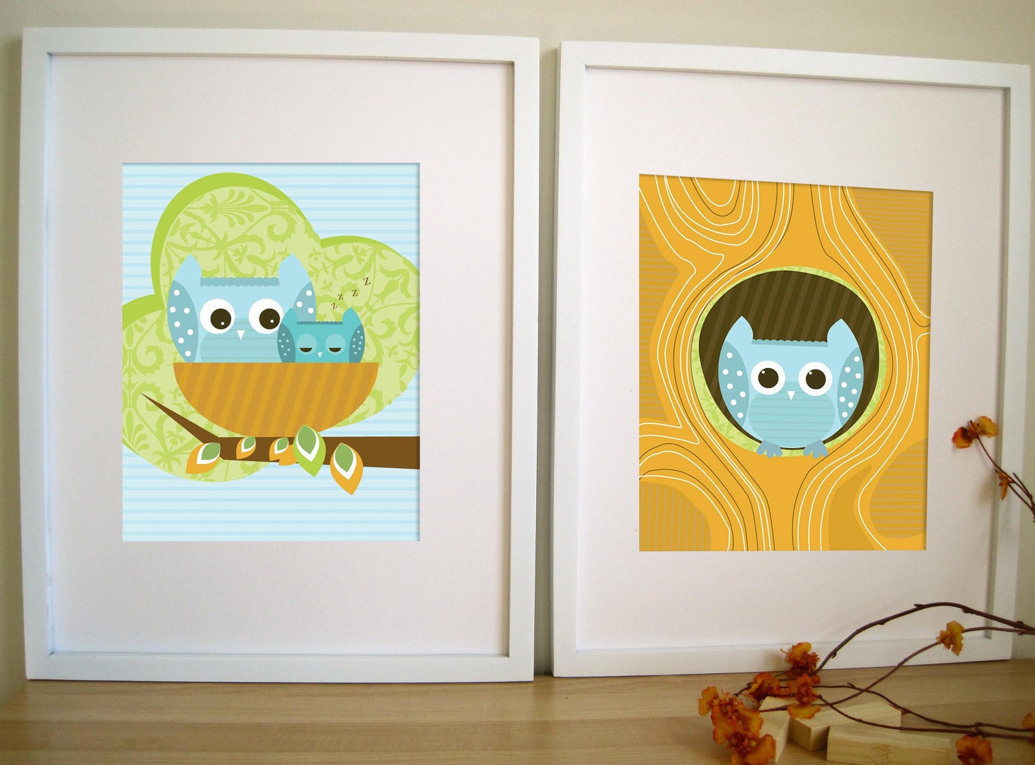 Art for Children, OWL Art , Set of 2,  Owl in Hollow and Nest, 8X10, Other Sizes