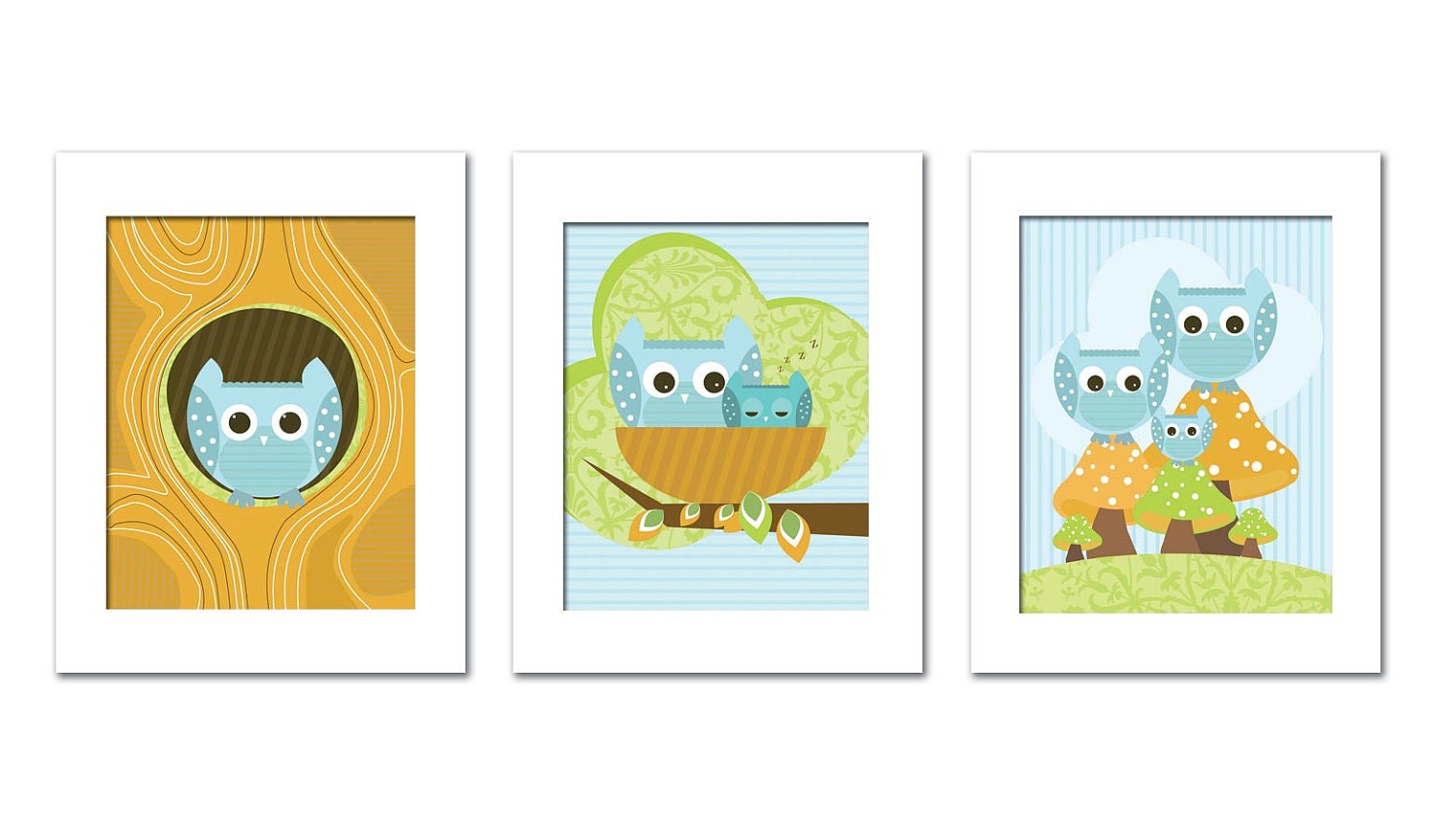 Artwork for Children, OWL Art , Set of 3,  OWL Family and baby, 11X14, Other Sizes