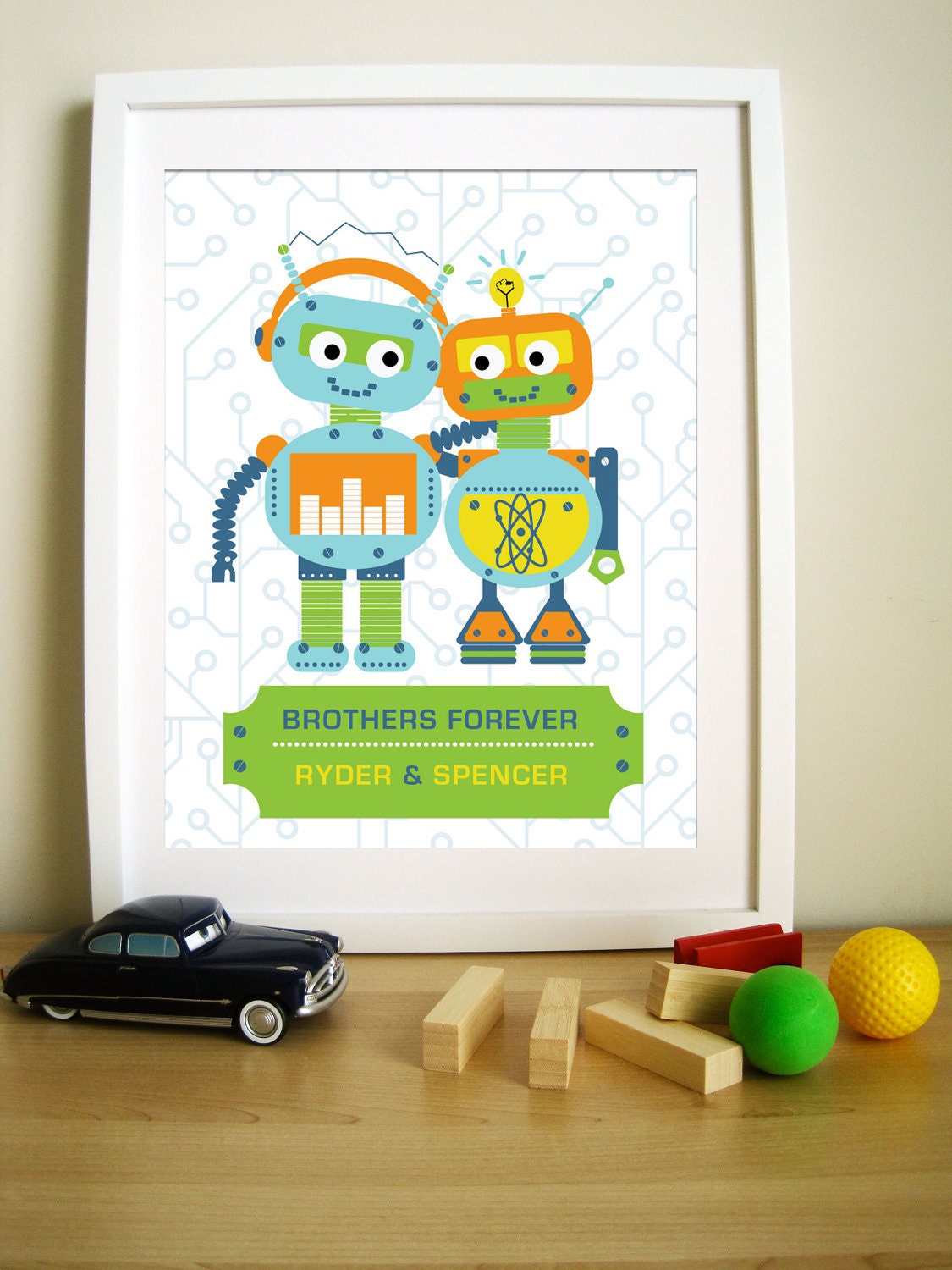 Modern Robot Artwork for Children, Brothers Forever, 8.5X11, Other Sizes