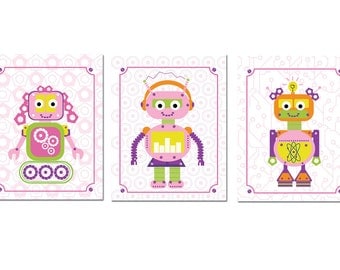 Robot Artwork for Girls, Set of 3,  Robots Girl Trio, 8.5X11 Inches, Custom Sizes and Colors