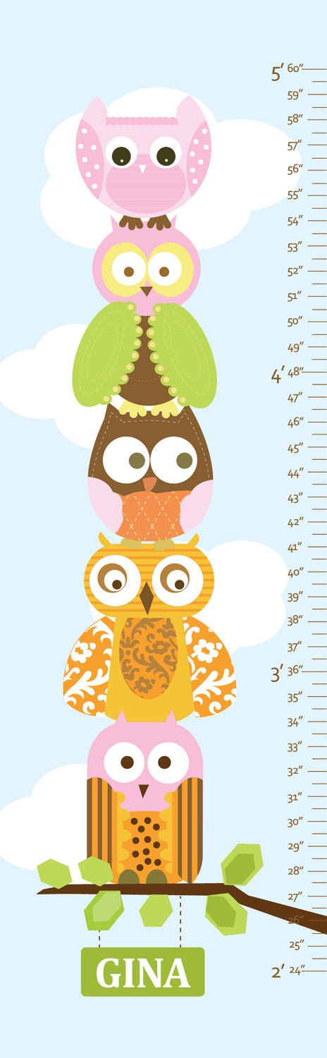 Owl Growth Chart on Canvas - Stacked Owls- 13" X42" Inches