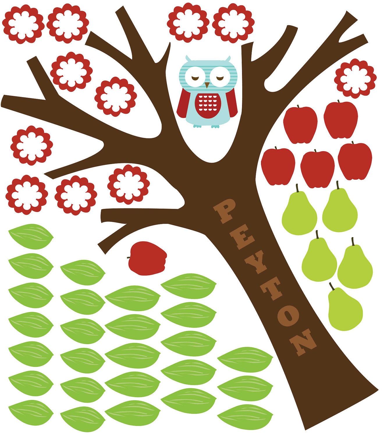 Tree Decal for Nursery or Playroom- Little Sleepy Owl and Fruit Tree- LARGE, 48X60 Inches, Nurery Artwork, Wall Stickers, Baby Gift