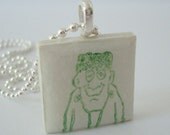Frankenstein Monster Halloween Jewelry Rubber Stamped Ceramic Tile Pendant