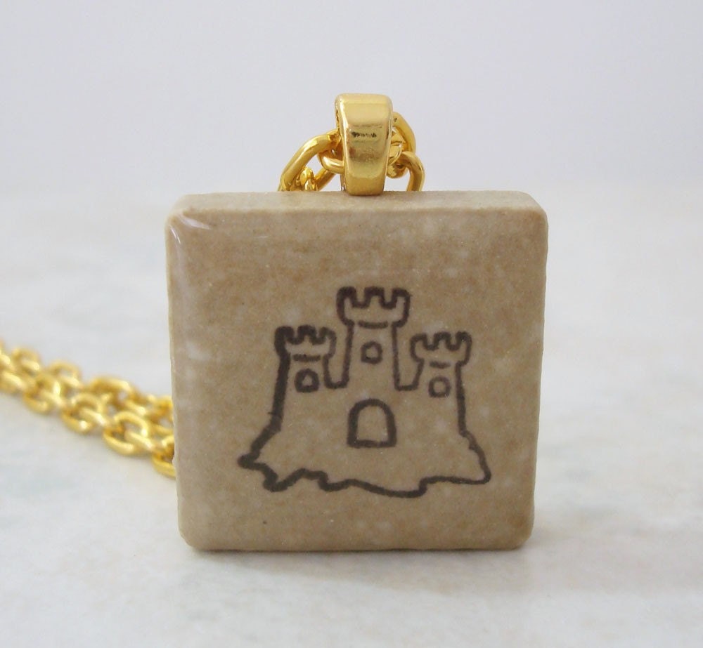 Sandcastle Necklace Rubber Stamped Recycled Ceramic Tile Pendant - OohLookItsARabbit