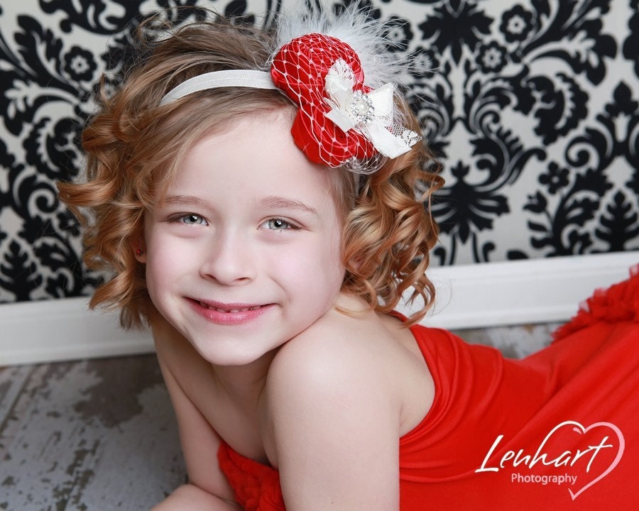 Its coming up roses couture vintage inspired fabric rosette headband for baby or little girl red and cream flower headband