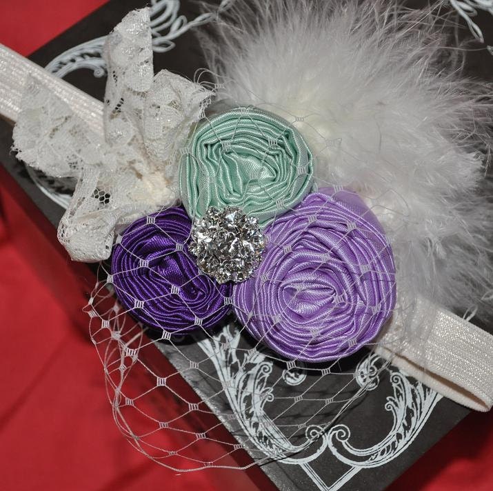 Just Dreamy couture vintage inspired fabric rosett headband in purples mint ivory accents