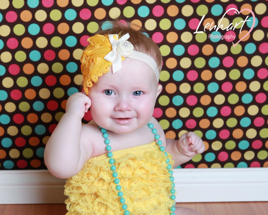 Lemon couture vintage feather fabric rosette headband in bright yellow and cream perfect photo prop