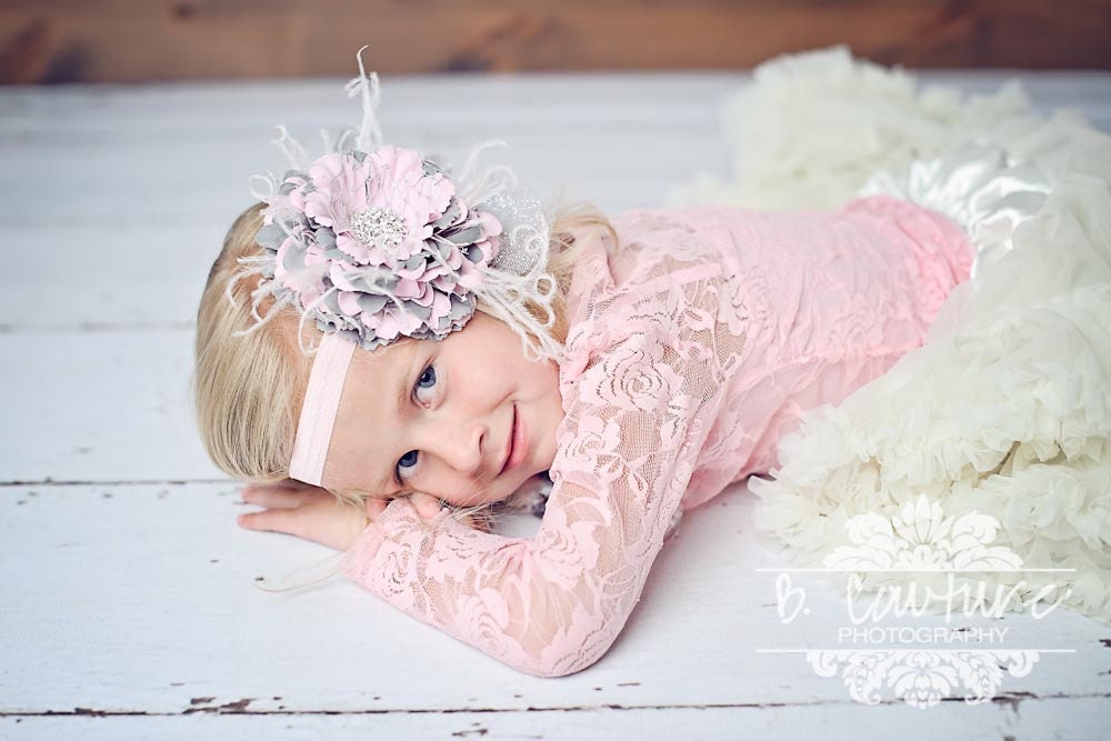 My Sweet Girl couture vintage inspired over the top fabric rosette headband in pink and grey