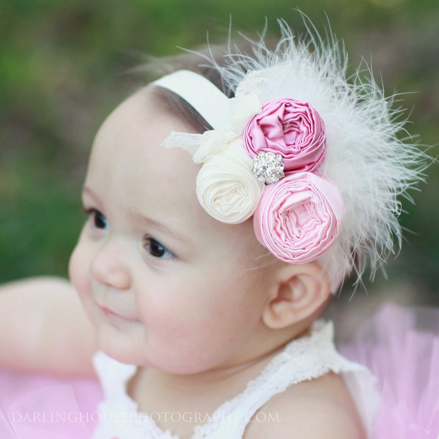 Pink Spring couture vintage inspired fabric rosette headband for baby or little girl