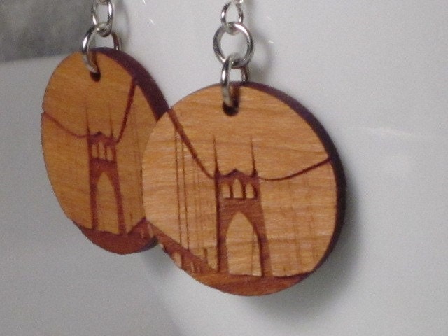 St Johns Bridge Earrings Wood on Small Standard Hook
