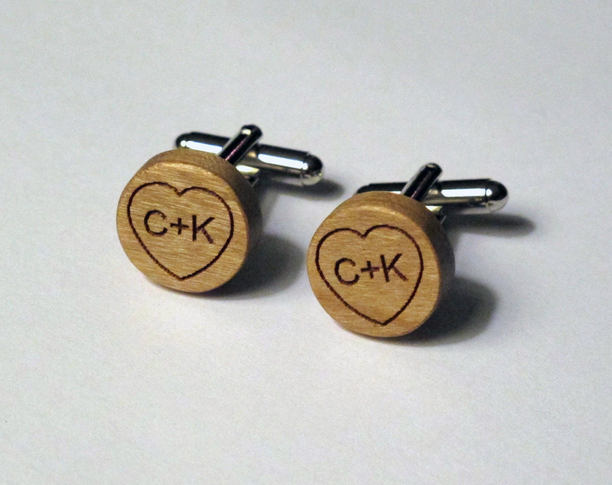 Carved Initials in Heart, Wood Cuff Links, Custom, Laser Cut, Grooms gift, for him