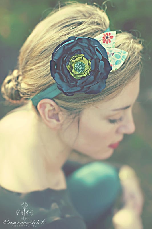 Teal Blue & Avocado Green Silky Satin Fabric Flower with Patterned Leaves on a Soft Stretchy Headband