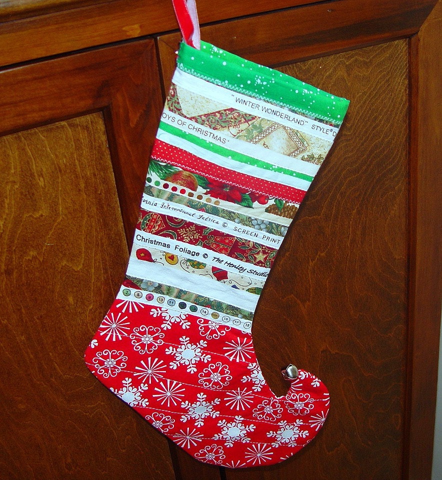 Red Christmas Stocking Upcycled Selvage Snowflake - TheQuiltingViolinist