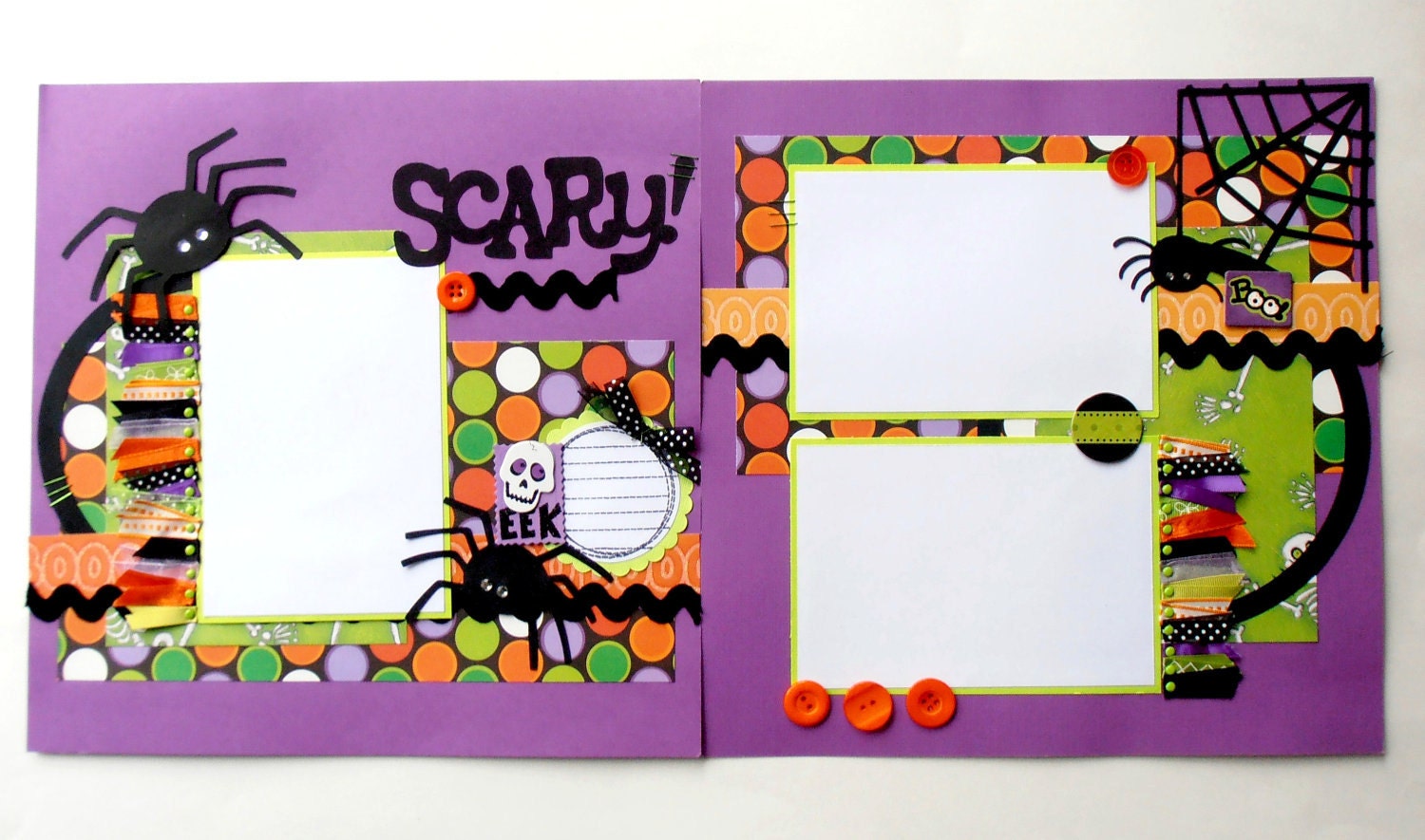 12x12 Premade Scrapbook Pages Kids Halloween 2 Page Spread Scary Spiders Purple Orange Green