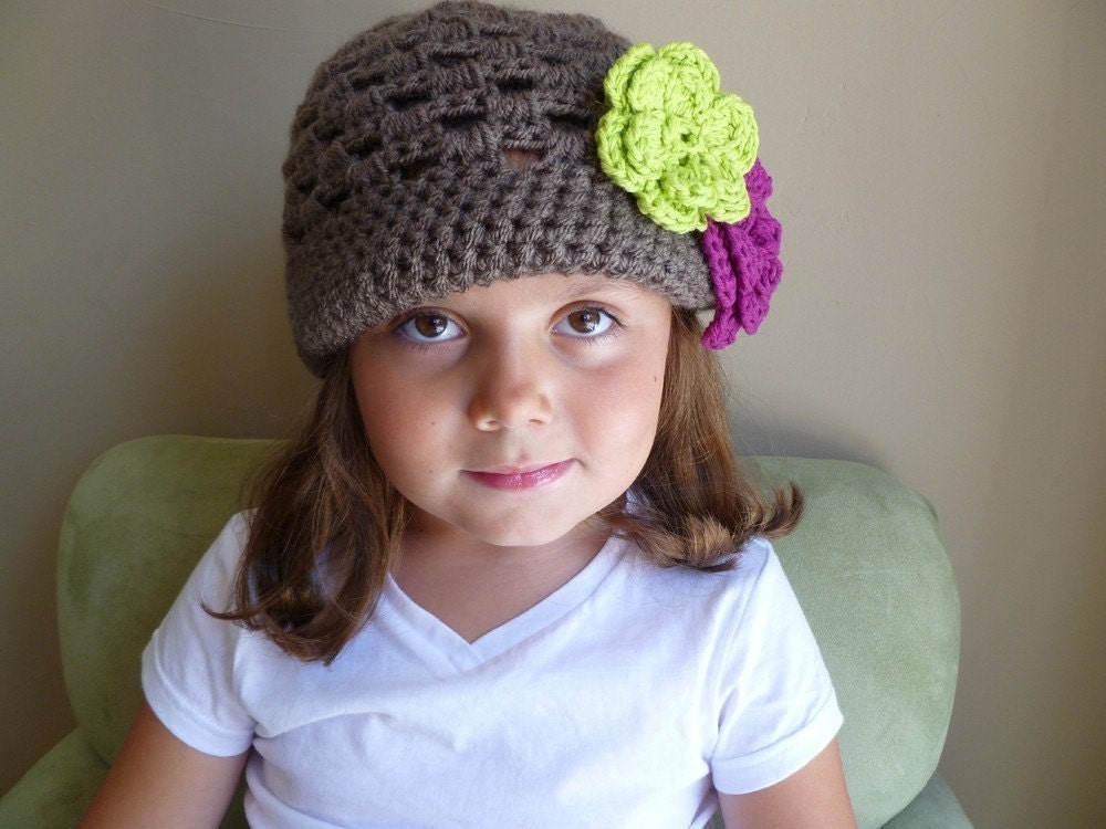 Girls Brown Crochet Hat with Fuchsia Pink and Green Flowers -  Baby Toddler Children Sizes Available