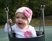 Light Grey Hat Beanie with Pink Flower - Baby Toddler Children Crochet