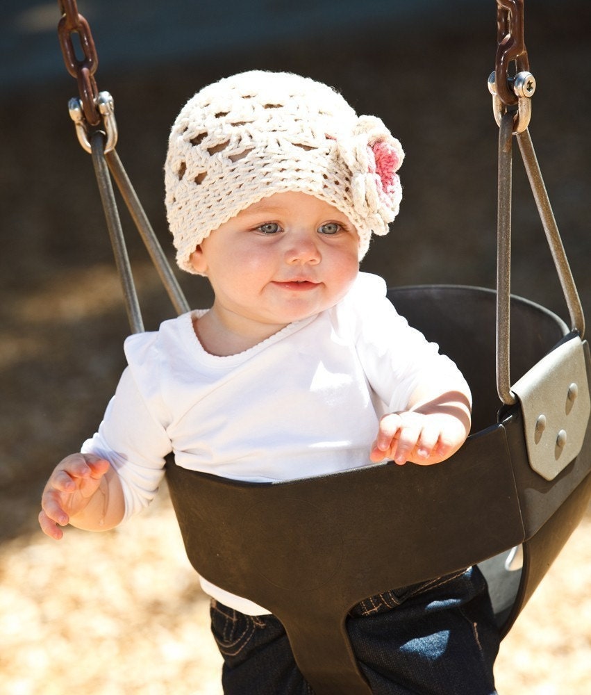 Ecru Hat with Ecru and Pink Flower Crochet - Baby Toddler Children