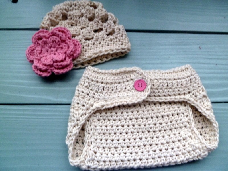 Newborn Pink & Ecru Diaper Cover and Hat Set -  Perfect Photo Prop