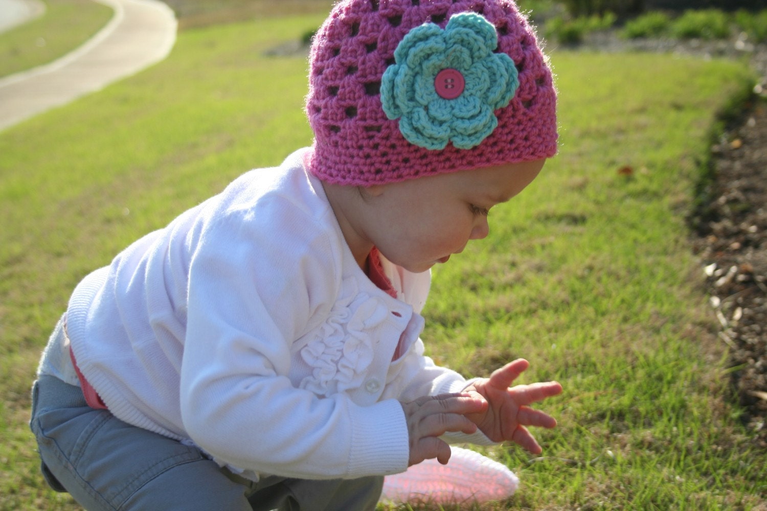 Pink Baby Hat Beanie with Three Detachable Flowers White Purple Teal Blue  - Baby Toddler Children