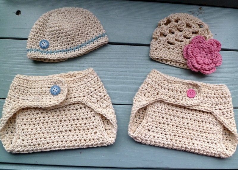Newborn Twin set - Crochet Diaper cover and Beanie Hat - Pink and Blue - Baby Shower Gift Photo Prop