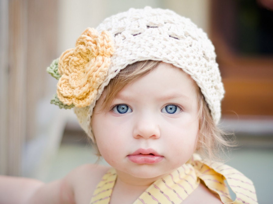 Soft and Sweet Ecru Hat with Country Yellow Flower and Green Leaves - Baby/Toddler/Child, ecru hat, cream hat