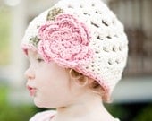 Sweet Della - Soft Ecru Hat with Rose Pink Flower - Newborn Baby Hat/Toddler/Child Pink and Cream Beanie