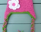 Newborn Baby Infant Toddler Girl Earflap Beanie with Braids, Pink and Green Hat,  Photo Prop, Shower Gift