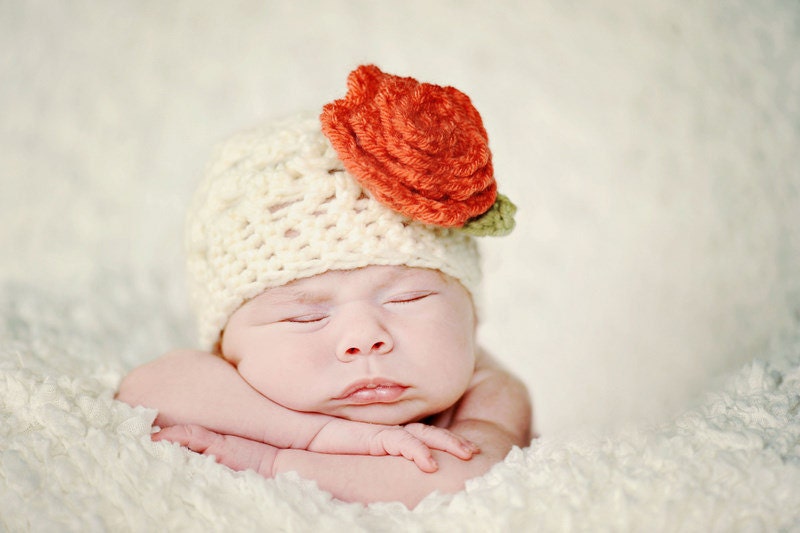 Newborn Baby Hat Cream Crochet Beanie  with Pumpkin Orange Flower and Green Leaf -  Infant Toddler Children Sizes Available