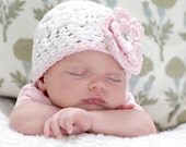 Newborn Crochet Hat in White and Pink with Rhinestone Button - Baby Toddler Children Sizes Available
