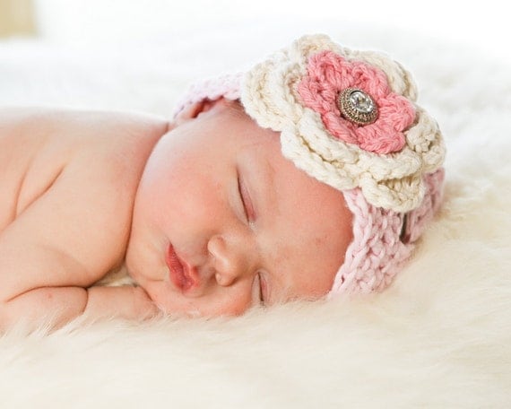 Newborn Baby Hat Beanie -  Pink with Ecru Rose Pink Flower, Leaf and Rhinestone Button - Infant, Toddler and Children sizes available