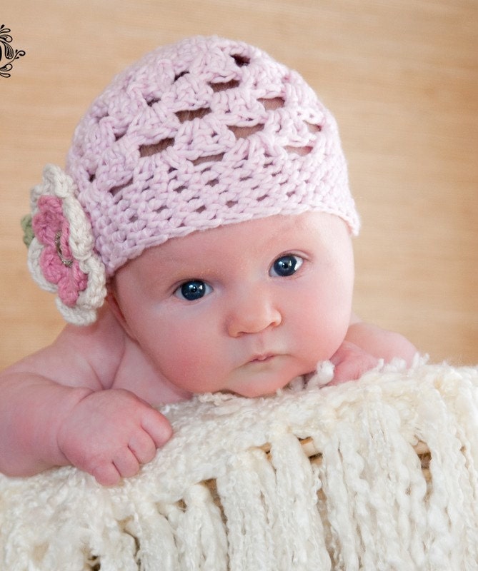 Newborn Baby Hat Beanie -  Pink with Ecru Rose Pink Flower, Leaf and Rhinestone Button - Infant, Toddler and Children sizes available
