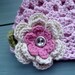 Newborn Baby Hat Beanie -  Pink with Ecru Rose Pink Flower, Leaf and Rhinestone Button - Infant, Toddler and Children sizes available