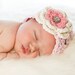 Newborn Baby Hat Beanie -  Pink with Ecru Rose Pink Flower, Leaf and Rhinestone Button - Infant, Toddler and Children sizes available