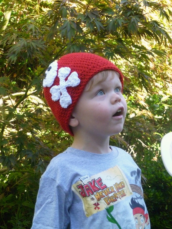 Red Skull and Crossbone Crochet Beanie Pirate Hat Halloween - Baby Toddler Children