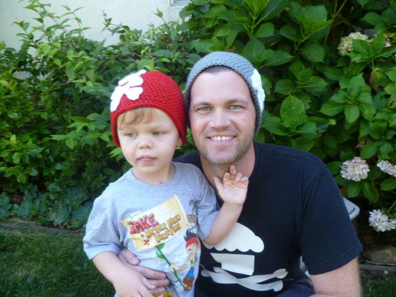 Red Skull and Crossbone Crochet Beanie Pirate Hat Halloween - Baby Toddler Children