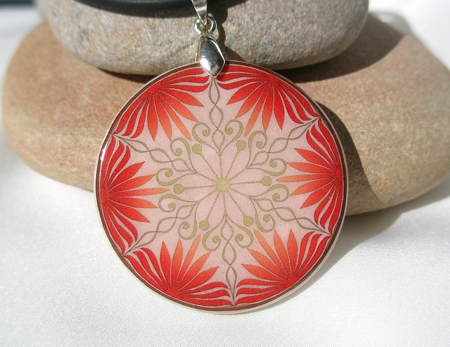 DarkRed And Khaki Abstract  Ornament Necklace, Polymer Clay