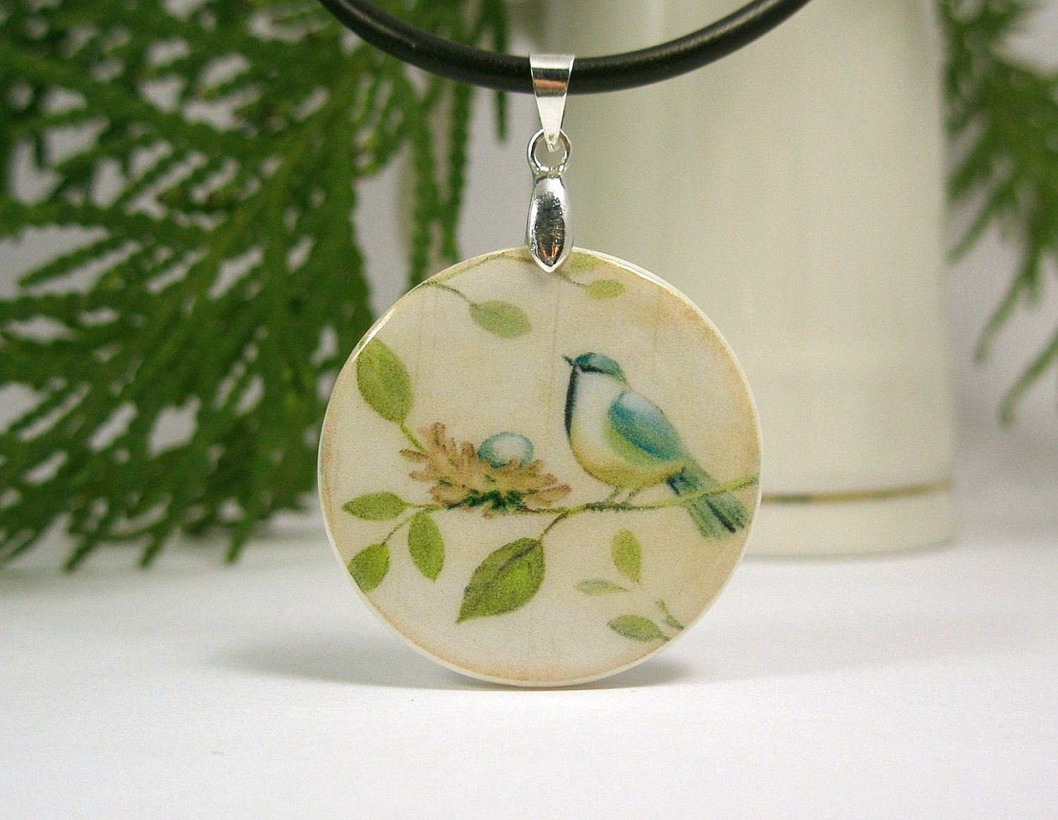 Bird On A Branch With A Nest  Vintage Print Necklace Polymer Clay