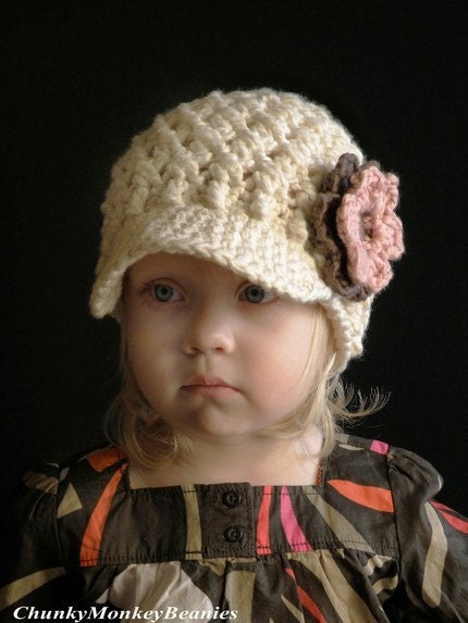 Organic Baby Girl Newsboy Hat, 12 to 24 Months Crochet Visor Beanie, Cream with Brown and Strawberry Pink Flower. Very Soft. Photo Props.