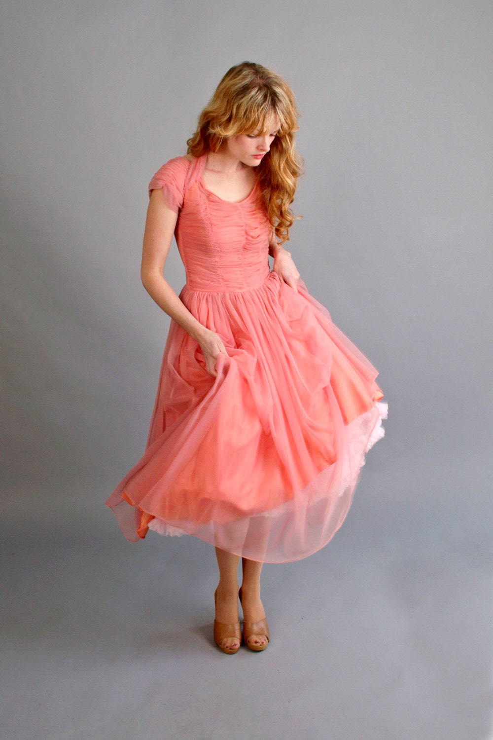 reserved / 1940s 1950s coral pink prom dress // 40s 50s prom dress // Strawberry Blonde