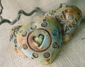 Earthy  Heart  Shaped Wall Plaque with Recycled Blue Glass Heart- Valentines Gift for under 30.00