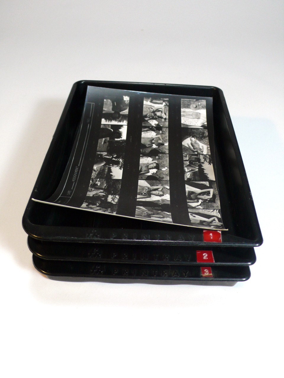 vintage photo DEVELOPING TRAY SET - darkroom photography lab print - 3 black trays - photographer tool developing - so industrial