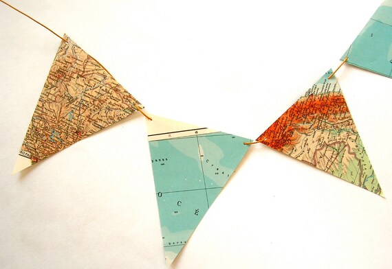 Recycled vintage map bunting or garland. Shabby chic home decor. Bookshelf accent.