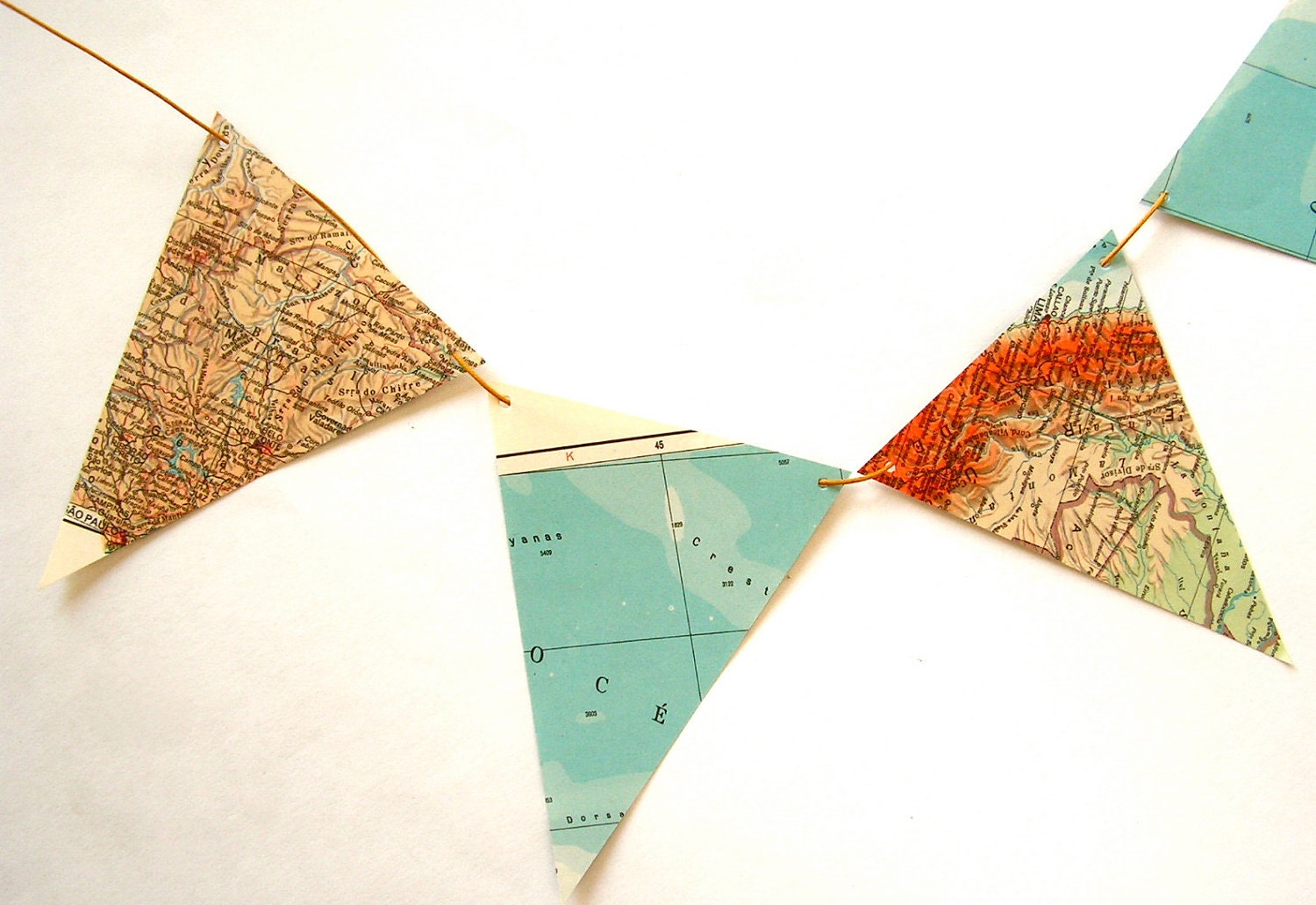 Recycled vintage map bunting or garland. Shabby chic home decor. Bookshelf accent.