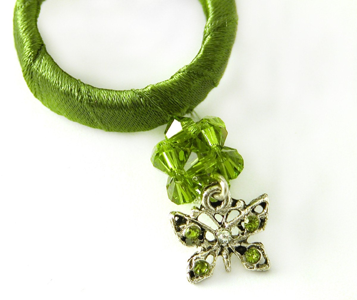 green necklace ,silver butterfly necklace,Silver Necklace with green Satin Hoop and butterfly pendant,Modern Unique Design
