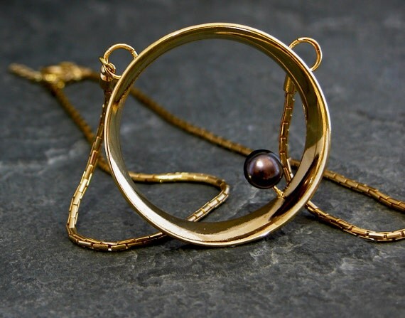 Gold Statement Necklace ,Big Pearl Statement Pendant, Gold Hollow Round Pendant with Black Pearl