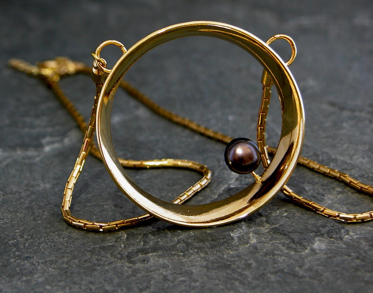 Gold Statement Necklace ,Big Pearl Statement Pendant, Gold Hollow Round Pendant with Black Pearl